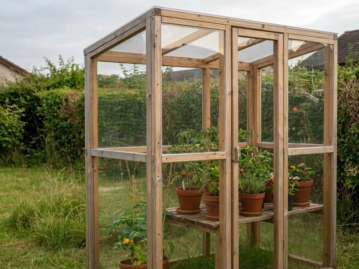 Invernadero casero de jardín con estructura de pino y láminas de metacrilato transparente