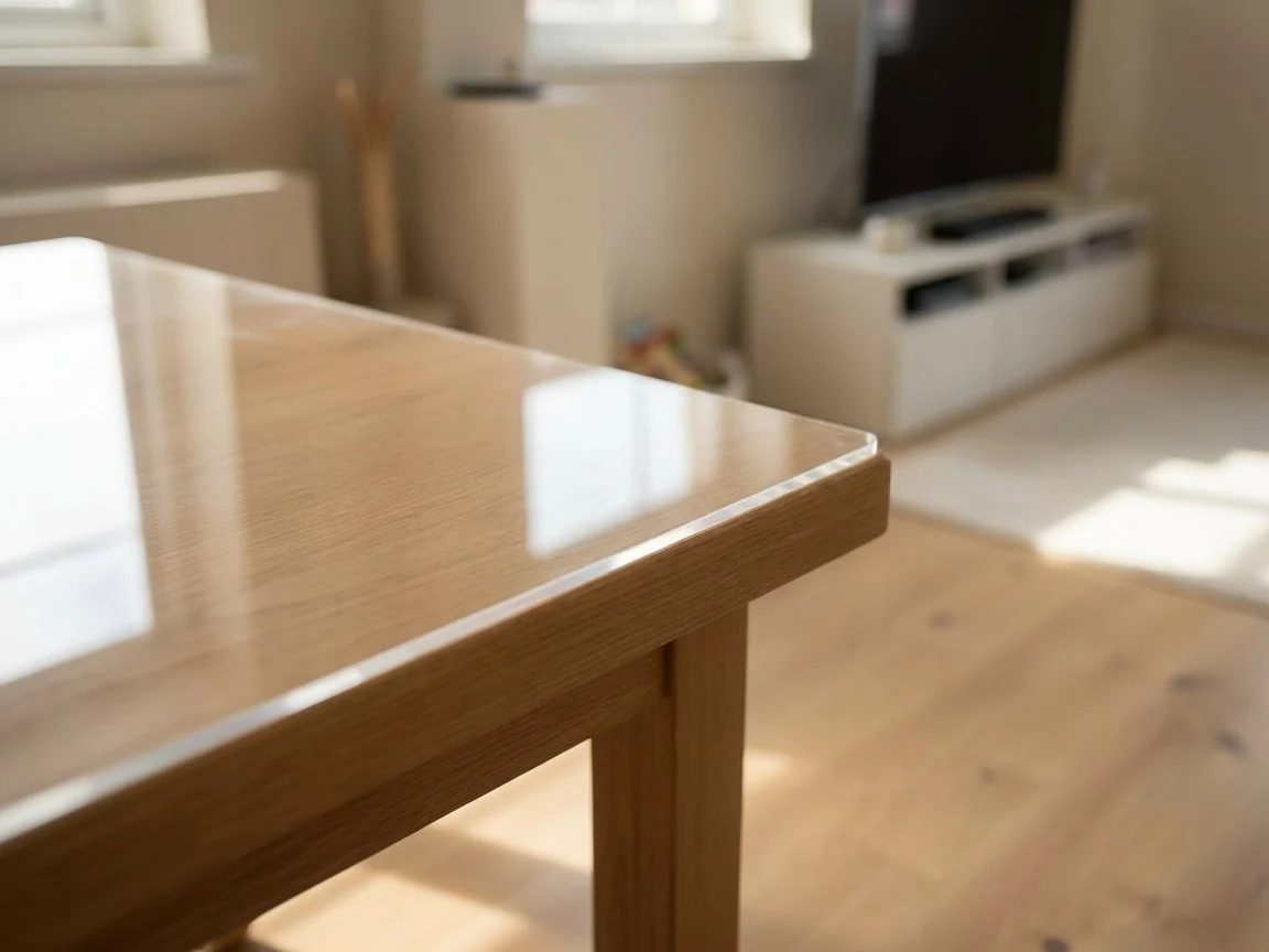 Lámina de metacrilato transparente de 3 mm cubriendo el sobre de una mesa de roble