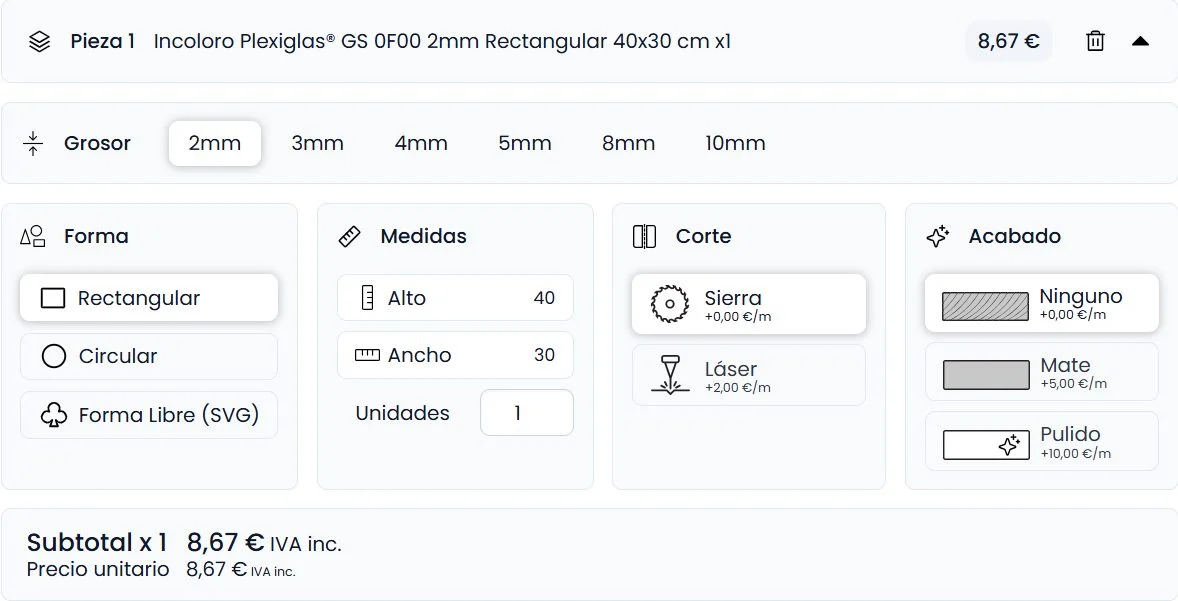 Configurador: grosor, forma, medidas, corte y acabado de una pieza